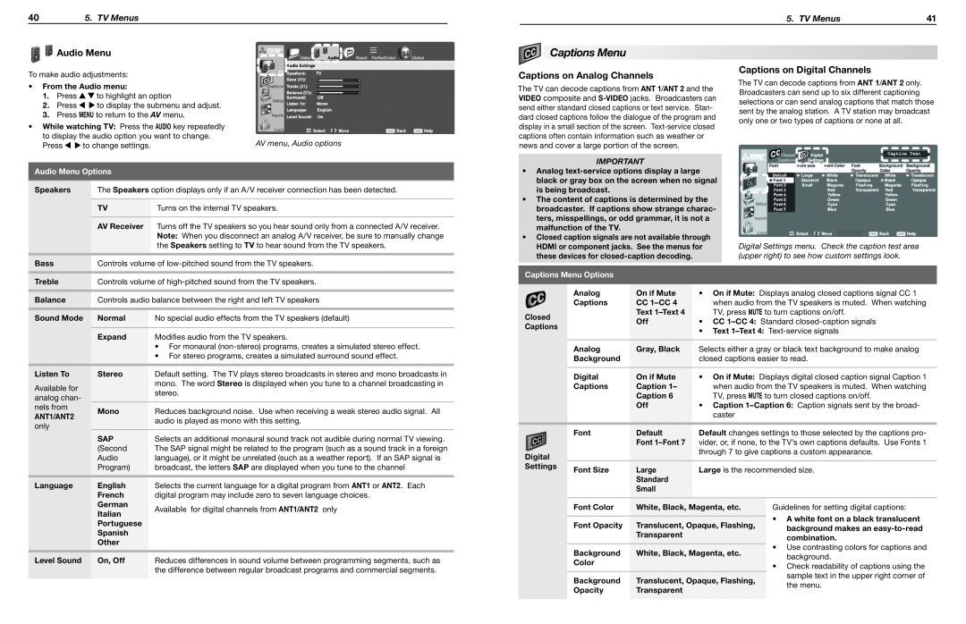 Mitsubishi Electronics WD-73735 manual Captions Menu, Audio Menu, Captions on Analog Channels, Captions on Digital Channels 
