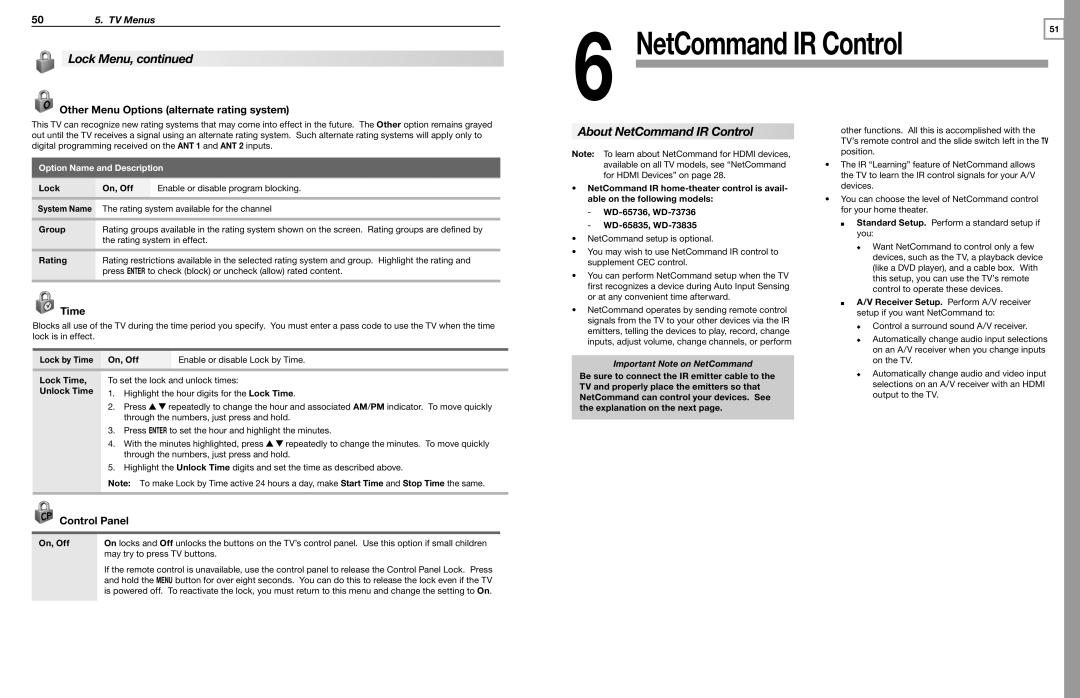 Mitsubishi Electronics WD-65736, WD-65835 About NetCommand IR Control, Other Menu Options alternate rating system, Time 