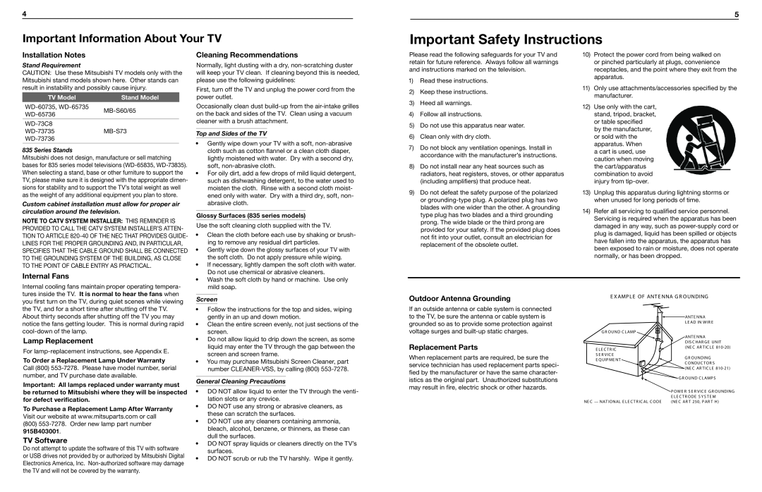 Mitsubishi Electronics WD-65735 Important Information About Your TV, Installation Notes, Internal Fans, Lamp Replacement 