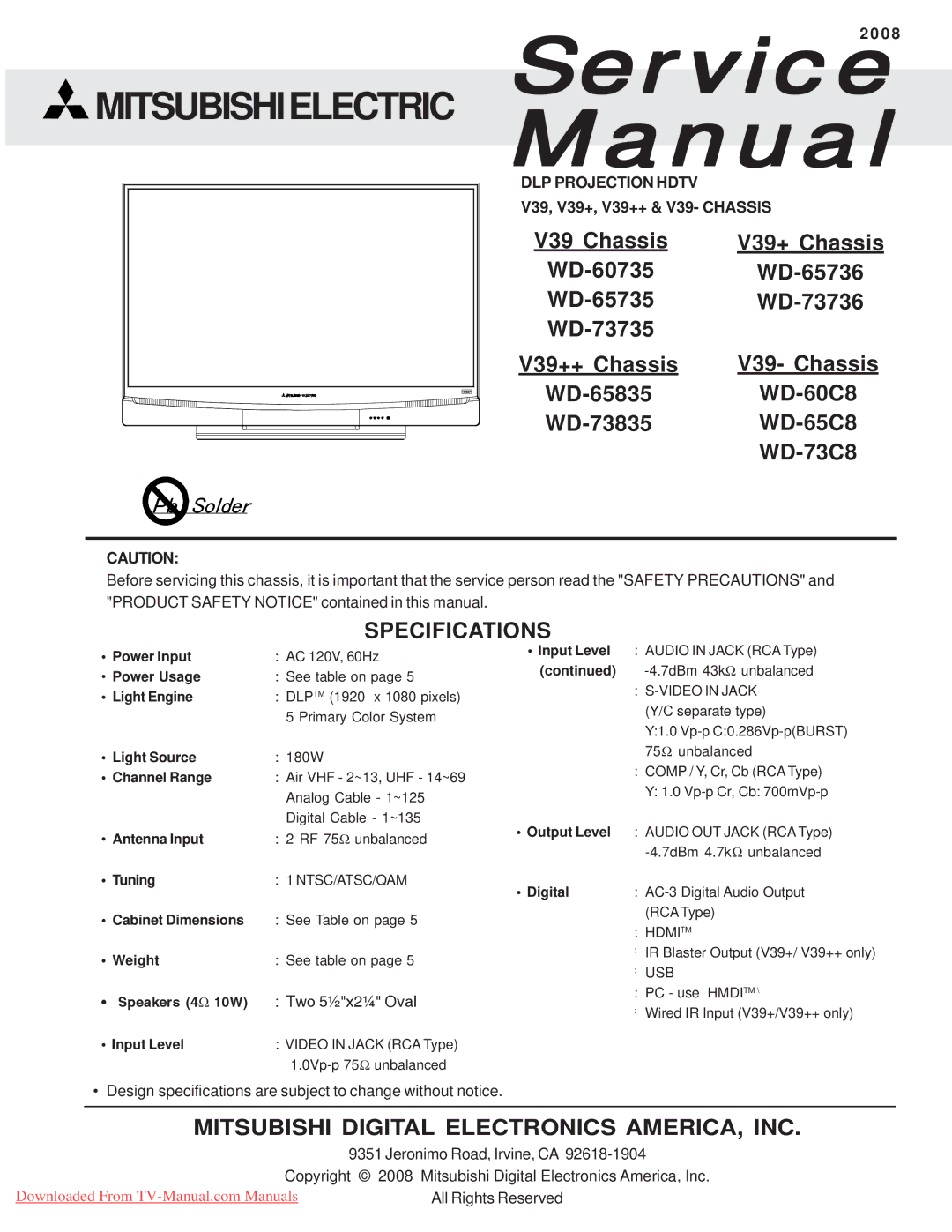 Mitsubishi Electronics WD-60C8, WD-65835, WD-60735, WD-65736, WD-52527, WD-65C8, WD-65735 specifications Mitsubishielectric 