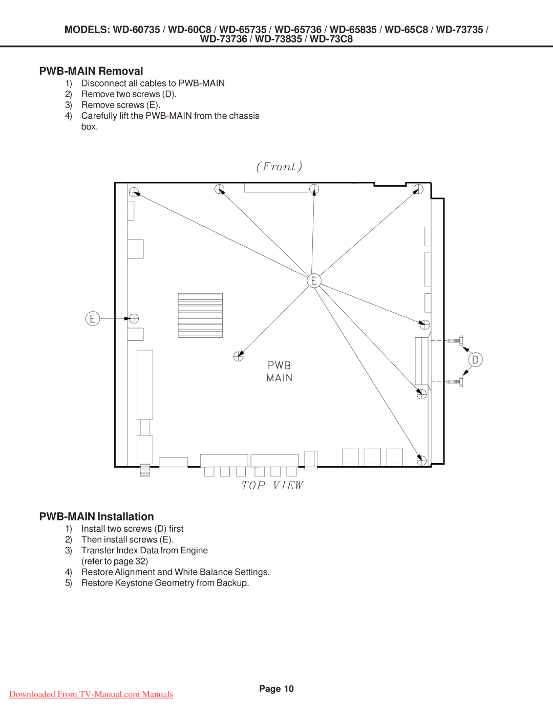 Mitsubishi Electronics WD-73736, WD-65835, WD-60C8, WD-60735, WD-65736, WD-52527 PWB-MAIN Removal, PWB-MAIN Installation 