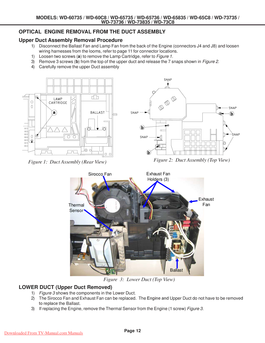 Mitsubishi Electronics WD-60C8 Optical Engine Removal from the Duct Assembly, Upper Duct Assembly Removal Procedure 