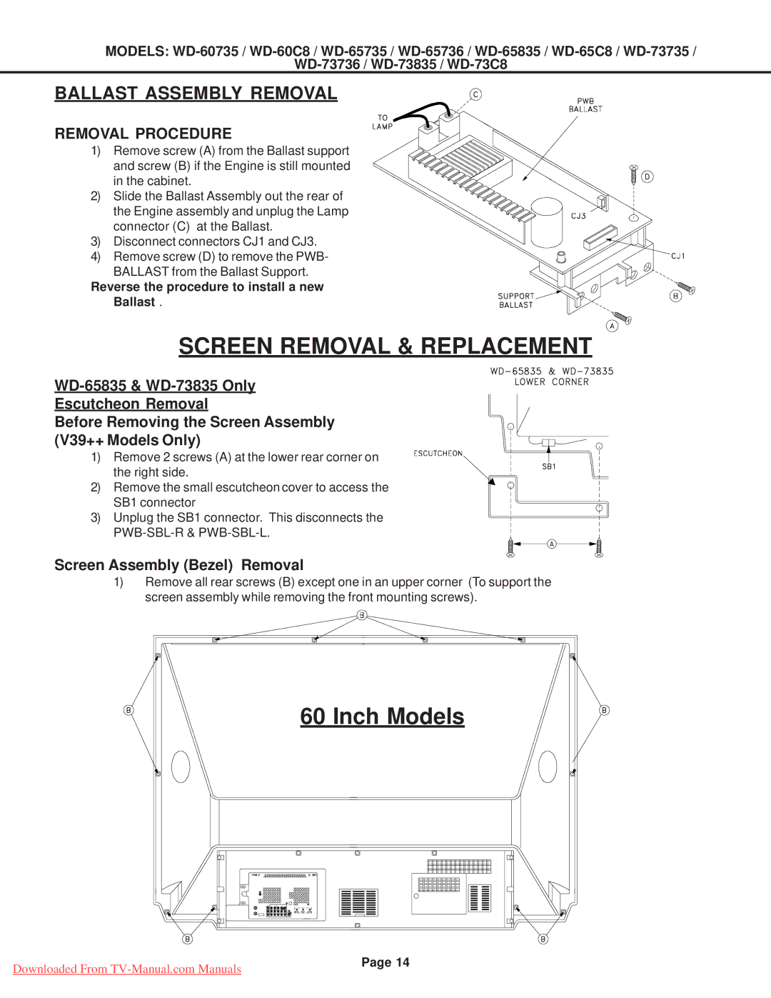 Mitsubishi Electronics WD-65736, WD-65835, WD-60C8, WD-60735, WD-52527 Removal Procedure, Screen Assembly Bezel Removal 