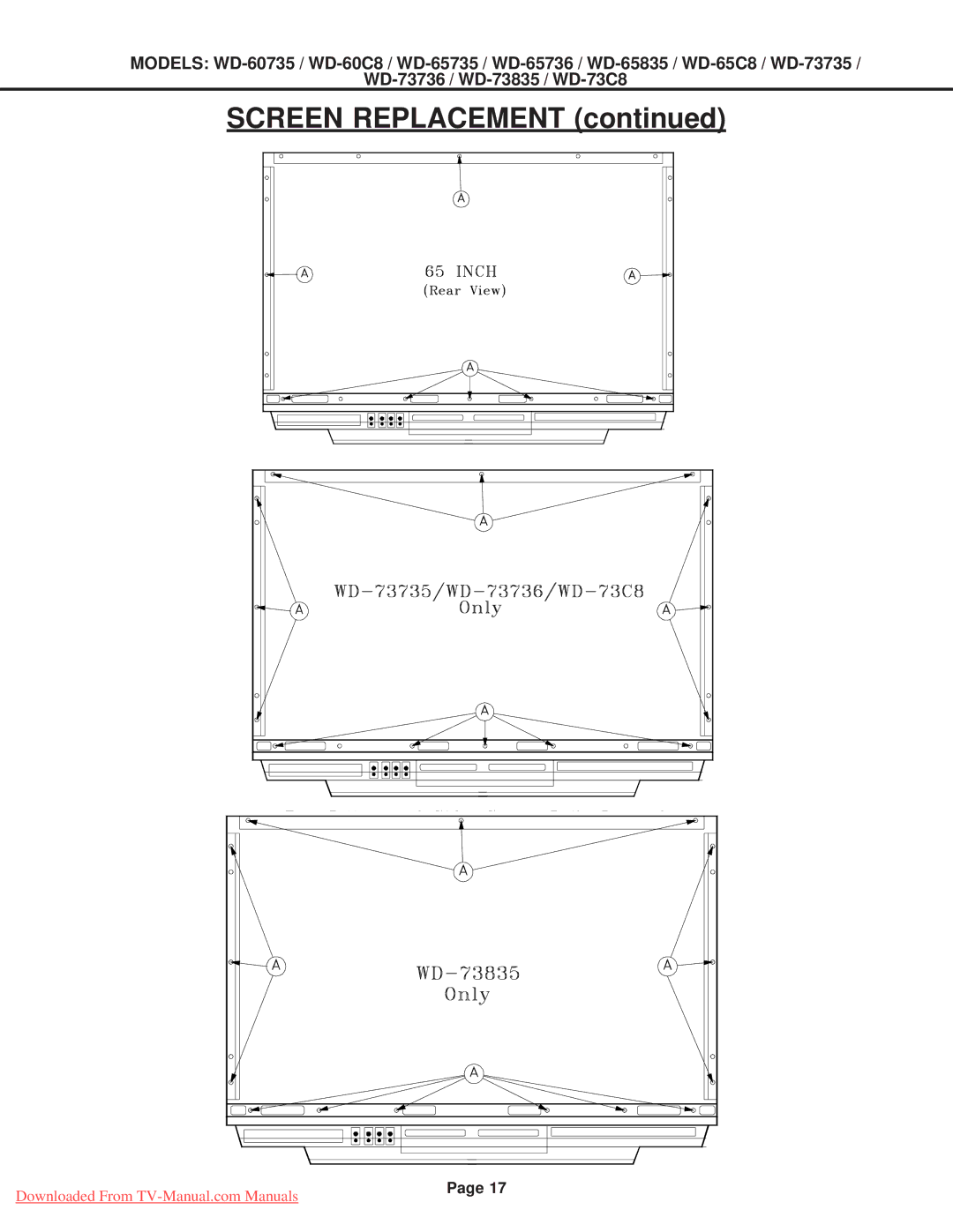 Mitsubishi Electronics WD-65735, WD-65835, WD-60C8, WD-60735, WD-65736, WD-52527, WD-65C8, WD-73C8, WD-73735 Screen Replacement 