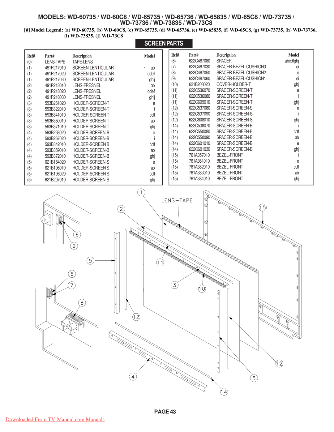 Mitsubishi Electronics WD-73736, WD-65835, WD-60C8, WD-60735, WD-65736, WD-52527, WD-65C8, WD-65735, WD-73C8 Screen Parts 