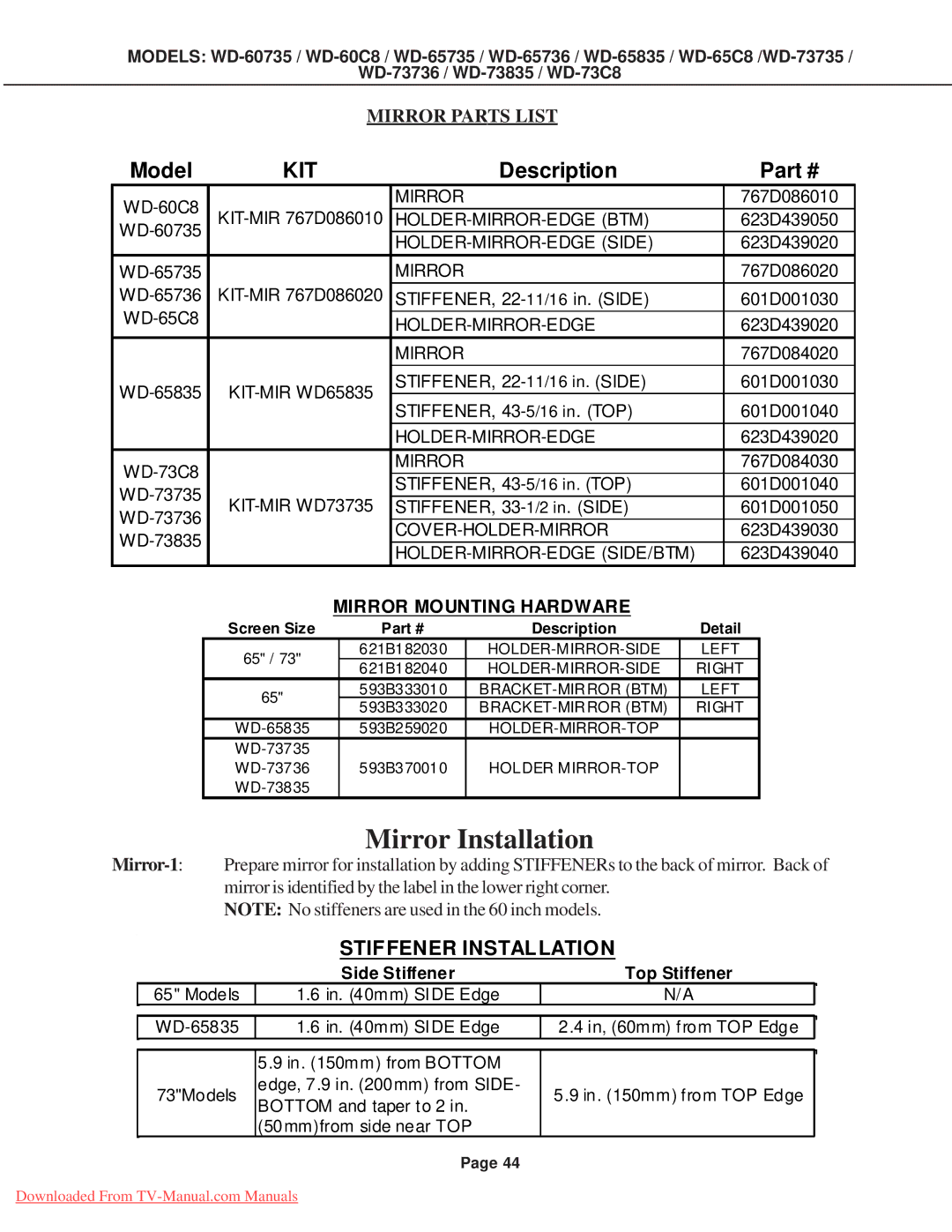 Mitsubishi Electronics WD-65835, WD-60C8, WD-60735, WD-65736, WD-52527, WD-65C8, WD-65735, WD-73C8, WD-73735 Mirror Installation 