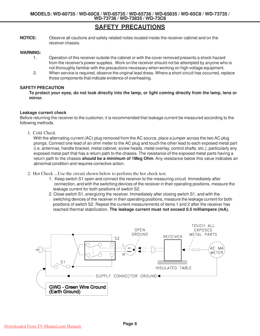 Mitsubishi Electronics WD-65735, WD-65835, WD-60C8, WD-60735, WD-65736, WD-52527, WD-65C8, WD-73C8, WD-73735 Safety Precautions 