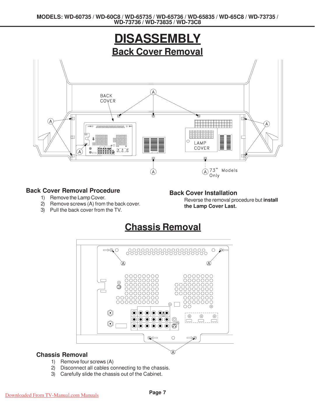 Mitsubishi Electronics WD-73C8, WD-65835, WD-60C8 Back Cover Removal Procedure, Back Cover Installation, Chassis Removal 