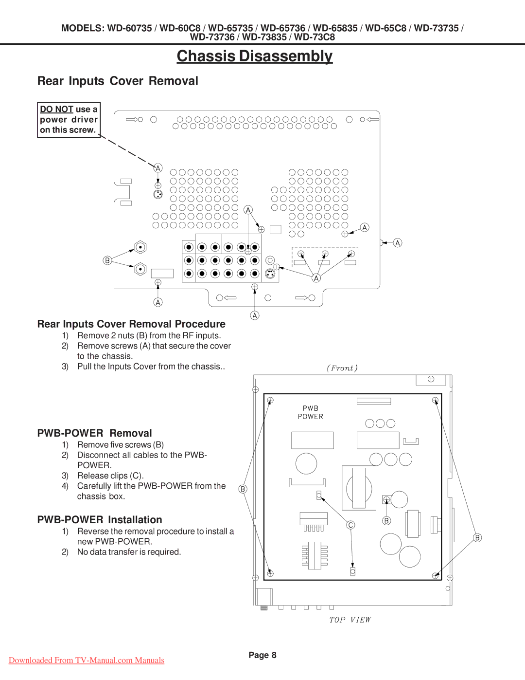 Mitsubishi Electronics WD-73735, WD-65835 Rear Inputs Cover Removal Procedure, PWB-POWER Removal, PWB-POWER Installation 