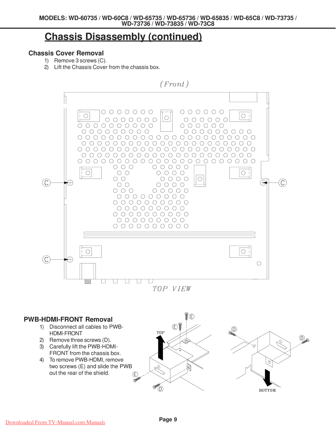 Mitsubishi Electronics WD-73835, WD-65835, WD-60C8, WD-60735, WD-65736, WD-52527 Chassis Cover Removal, PWB-HDMI-FRONT Removal 