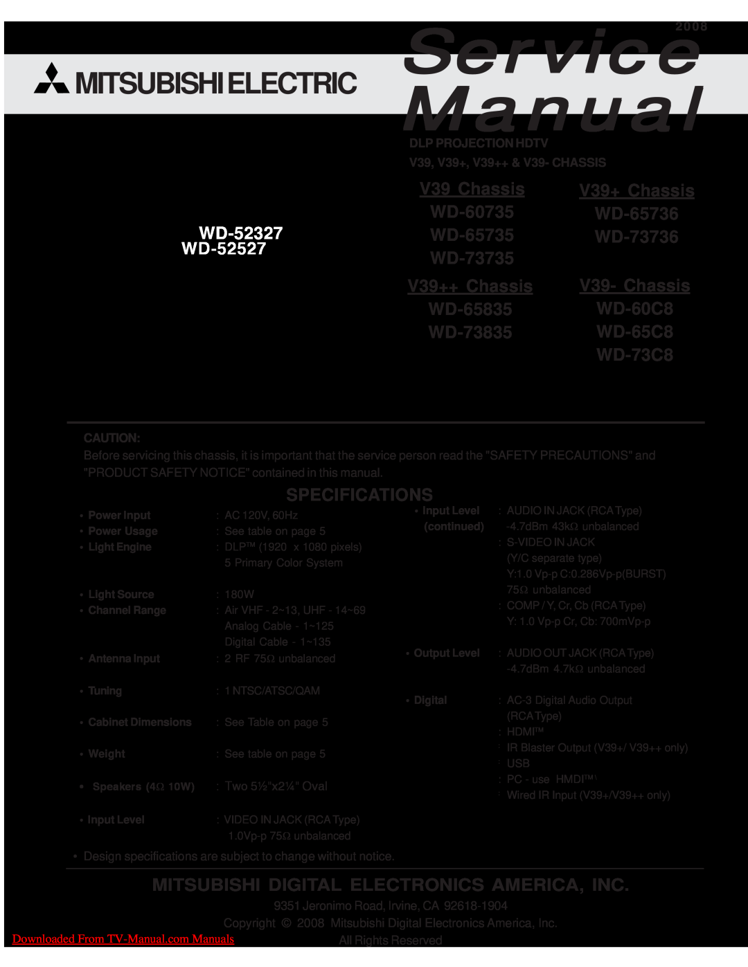 Mitsubishi Electronics manual Models, WD-73C8, WD-60735, WD-65735, WD-73735, WD-65736, WD-73736, WD-65835, WD-73835 