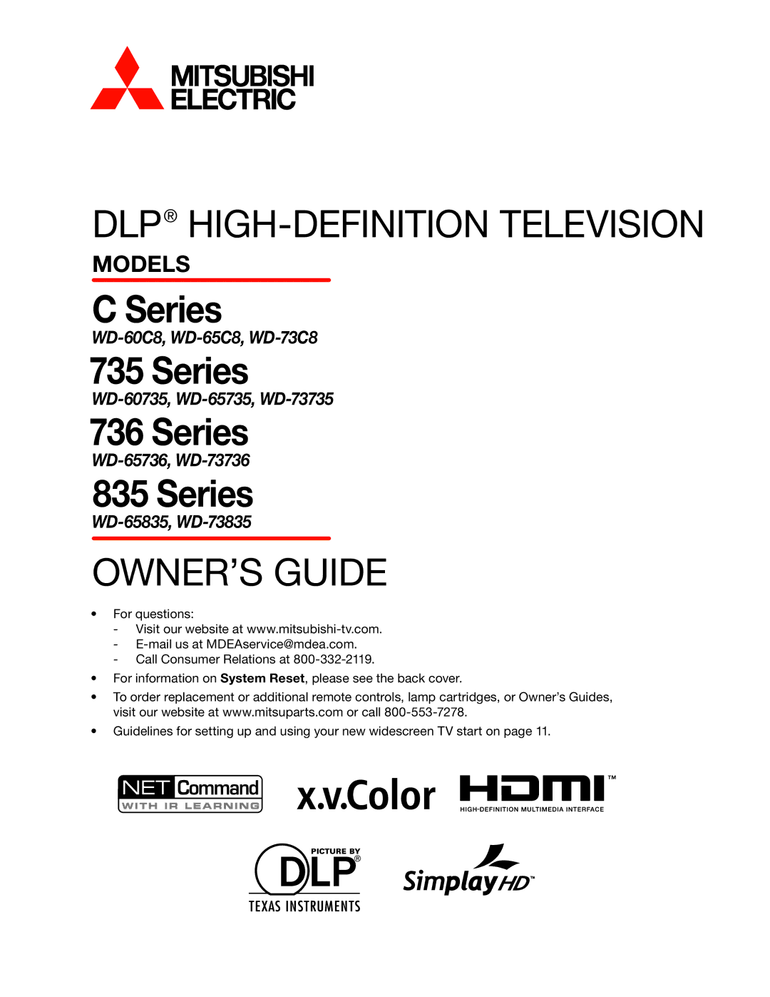 Mitsubishi Electronics manual WD-60C8, WD-65C8, WD-73C8, WD-60735, WD-65735, WD-73735, WD-65736, WD-73736 