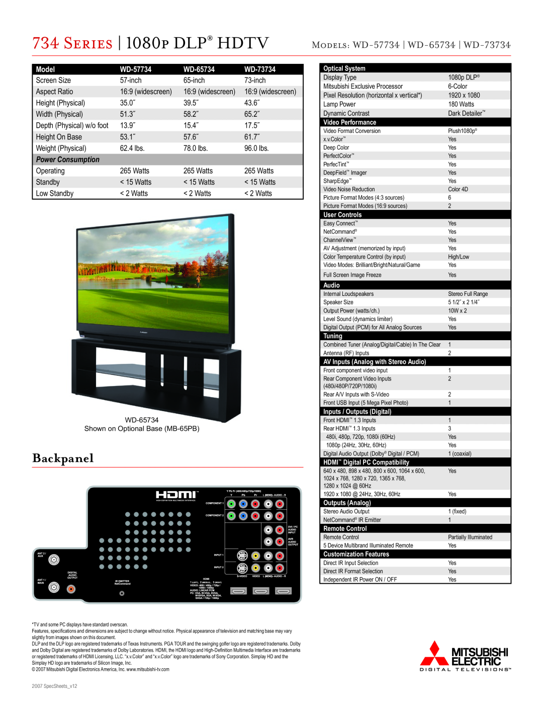 Mitsubishi Electronics manual Backpanel, Series 1080p DLP HDTV, Models WD-57734 WD-65734 WD-73734, Power Consumption 