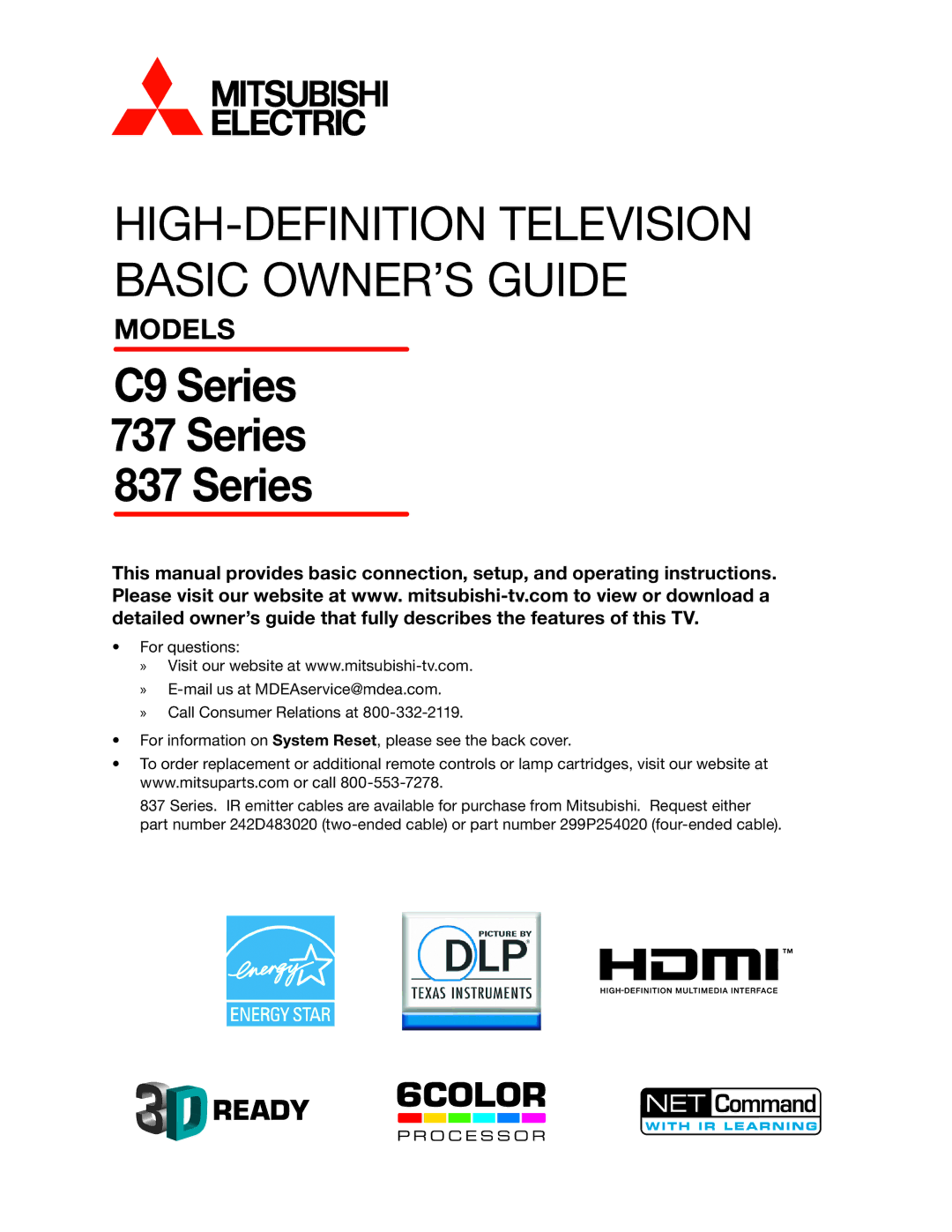 Mitsubishi Electronics WD-73837 manual C9 Series 