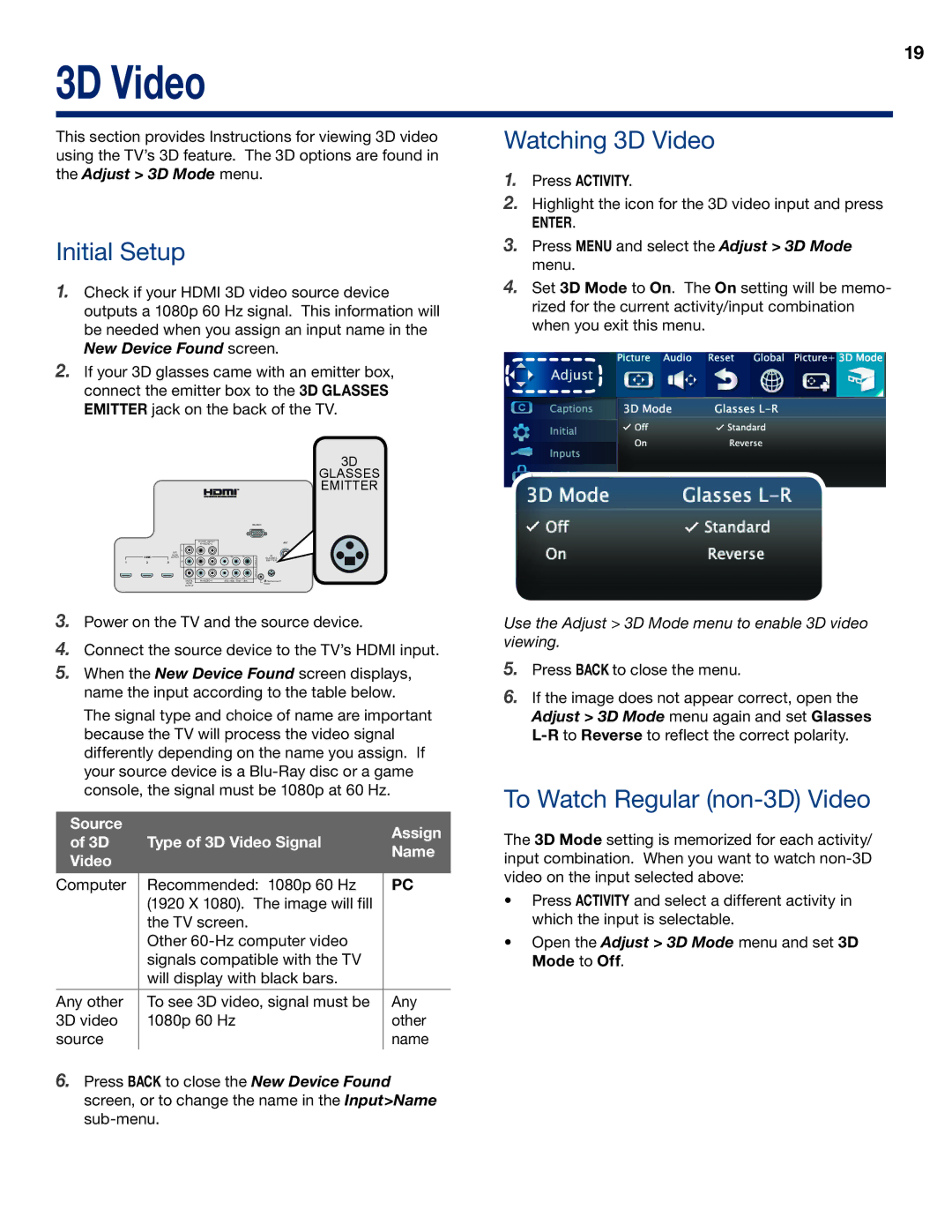 Mitsubishi Electronics WD-73837 manual Watching 3D Video, Initial Setup, To Watch Regular non-3D Video, Press Activity 