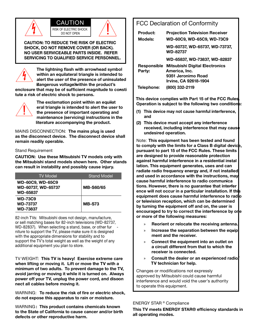 Mitsubishi Electronics WD-73837 manual Stand Requirement, TV Model Stand Model 