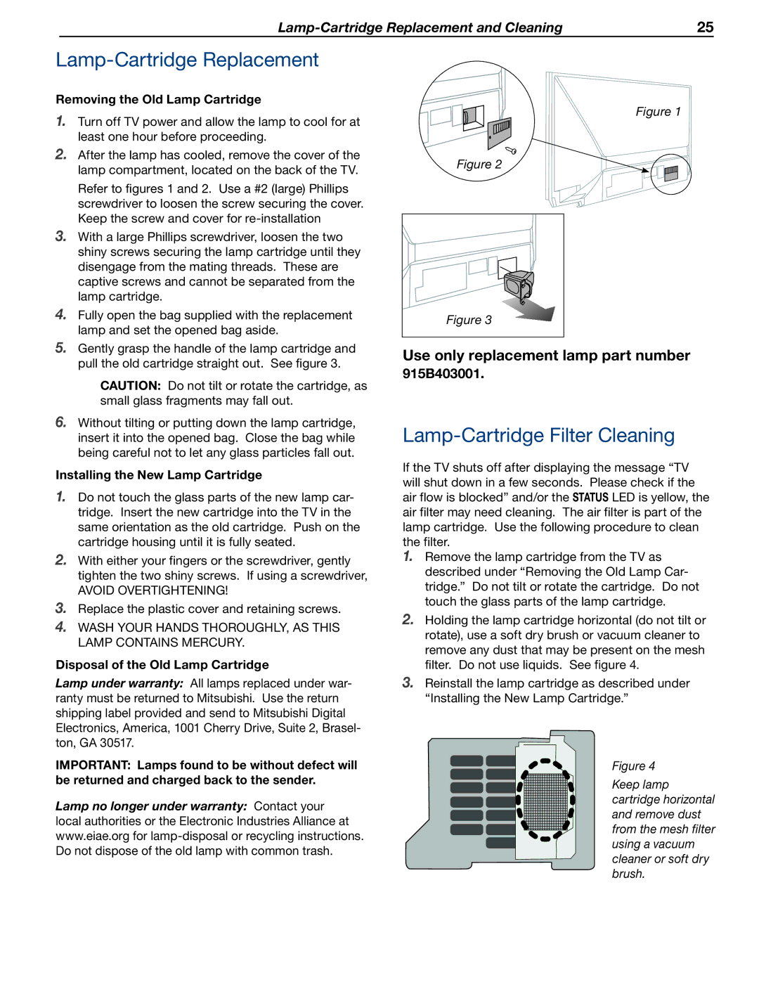 Mitsubishi Electronics WD-73837 manual Lamp-Cartridge Replacement, Lamp-Cartridge Filter Cleaning 