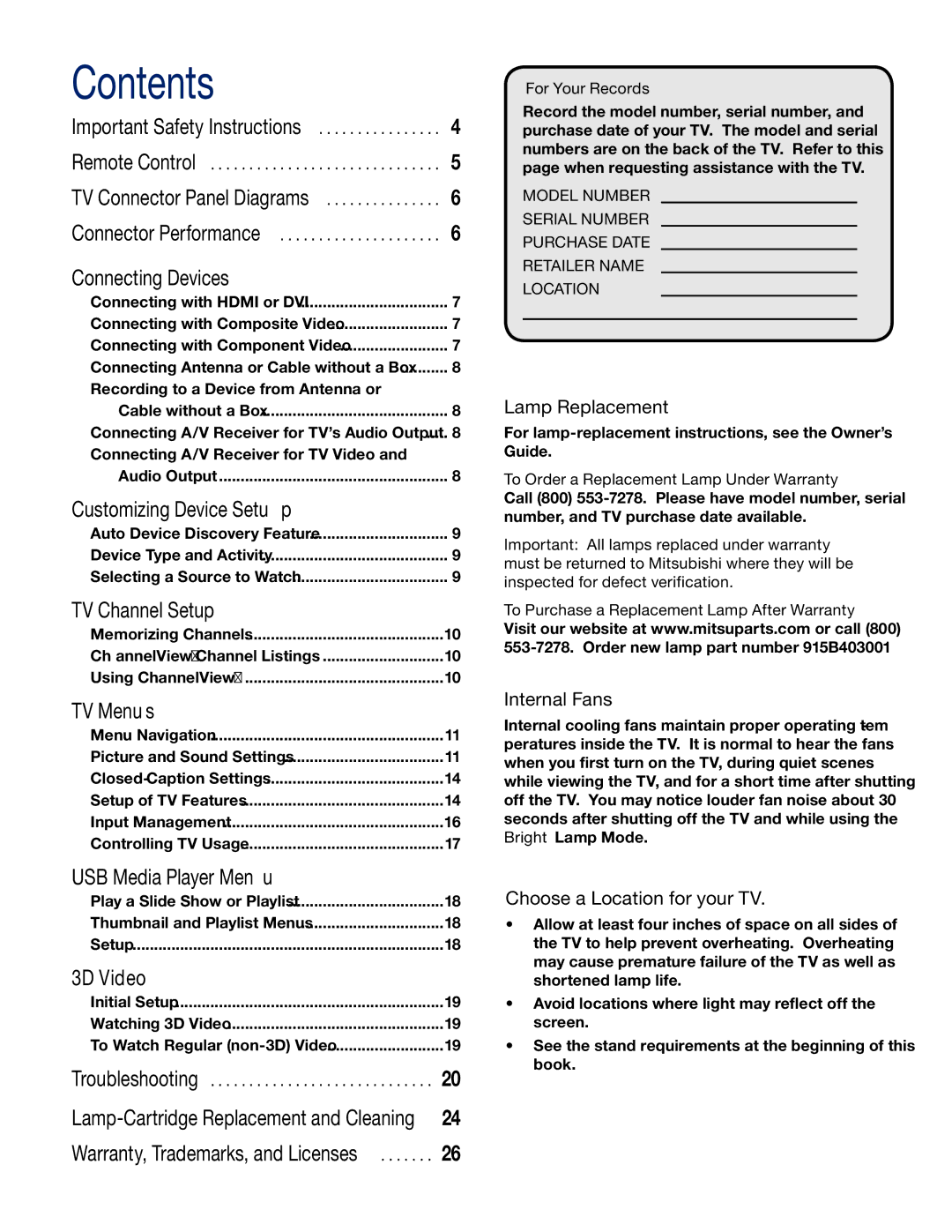 Mitsubishi Electronics WD-73837 manual Contents 