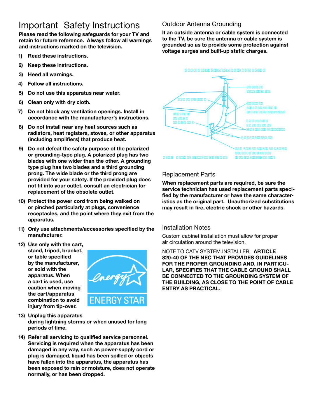 Mitsubishi Electronics WD-73837 manual Outdoor Antenna Grounding, Replacement Parts, Installation Notes 