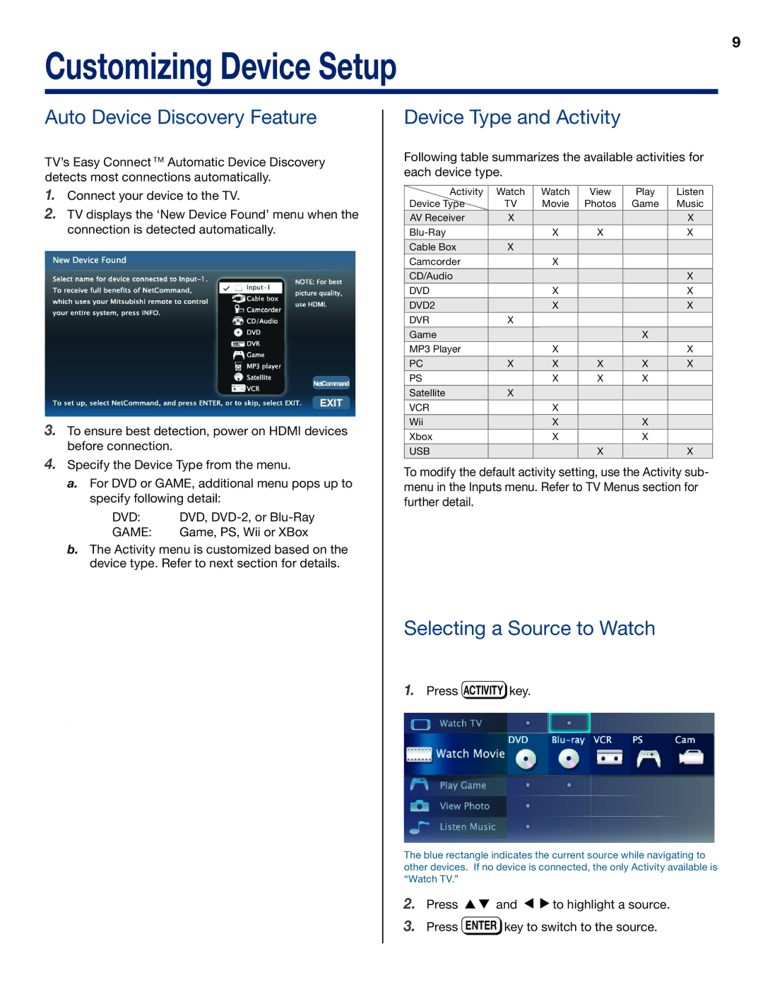 Mitsubishi Electronics WD-73837 manual Customizing Device Setup, Auto Device Discovery Feature, Device Type and Activity 