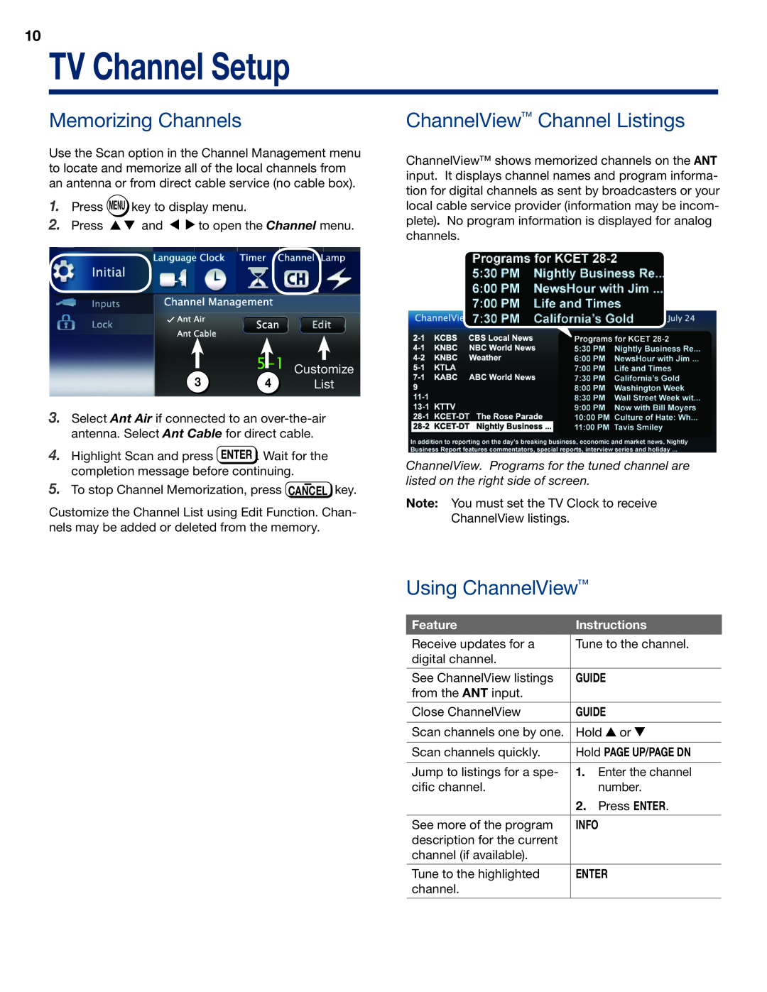 Mitsubishi Electronics WD-73837 TV Channel Setup, Memorizing Channels, ChannelView Channel Listings, Using ChannelView 