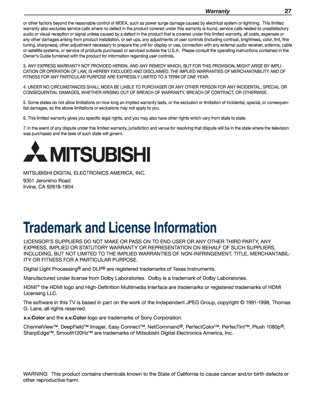Mitsubishi Electronics WD-73837 manual Trademark and License Information, Warranty27 