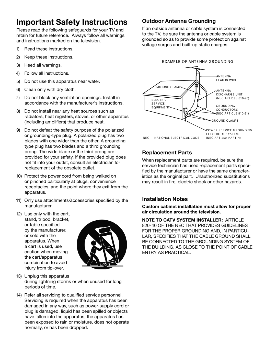 Mitsubishi Electronics WD-73837 manual Important Safety Instructions, Outdoor Antenna Grounding, Replacement Parts 