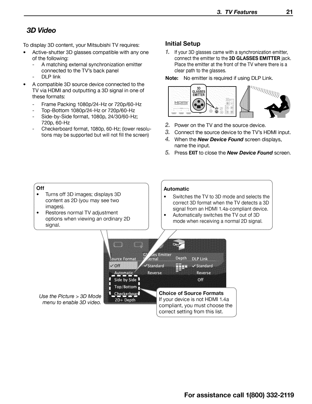 Mitsubishi Electronics WD-73CA1 3D Video, Initial Setup, Use the Picture 3D Mode menu to enable 3D video, Automatic 