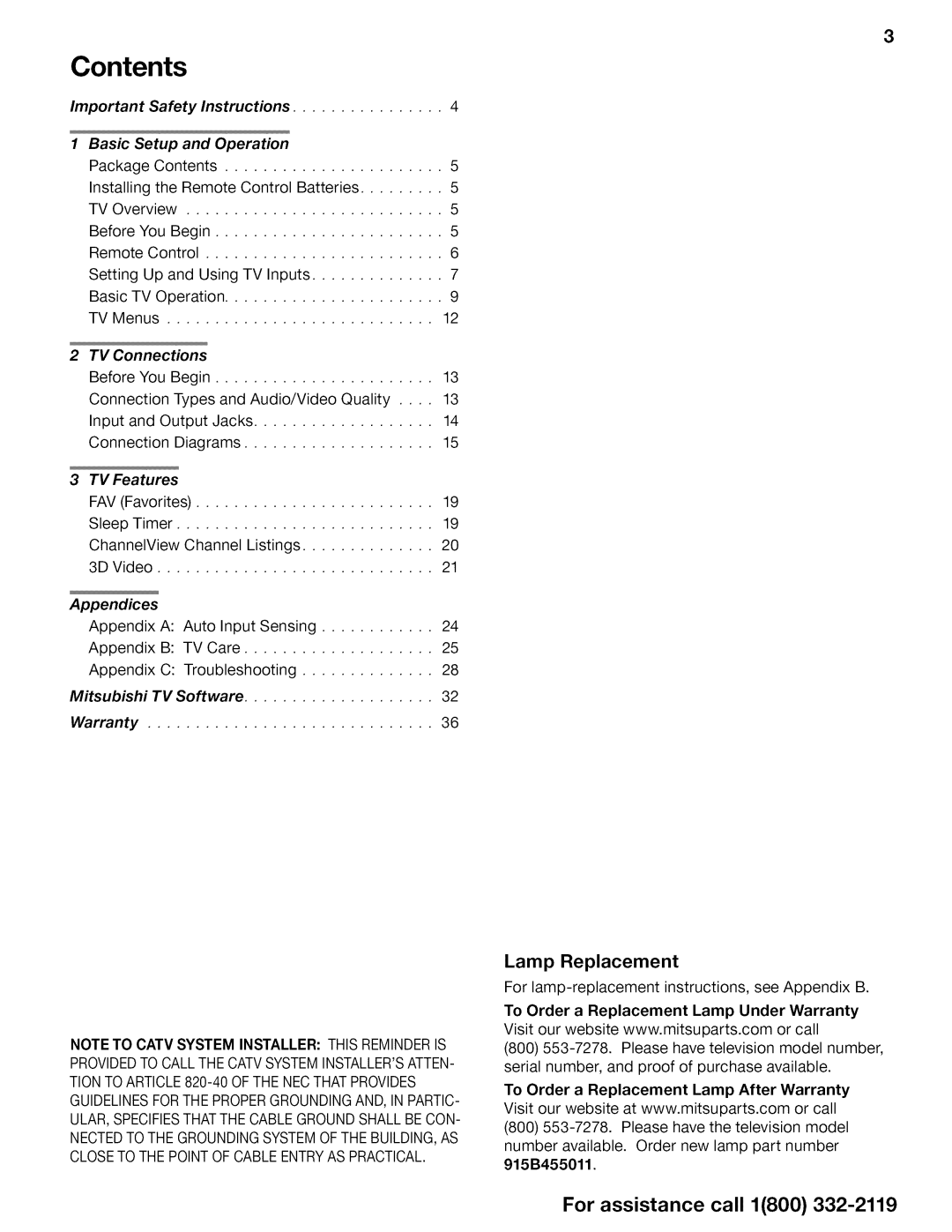 Mitsubishi Electronics WD-73CA1, WD-73C1, WD-73640 operating instructions Contents 