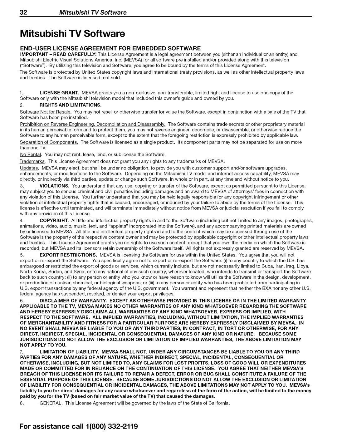 Mitsubishi Electronics WD-73640, WD-73CA1, WD-73C1 operating instructions 32Mitsubishi TV Software 