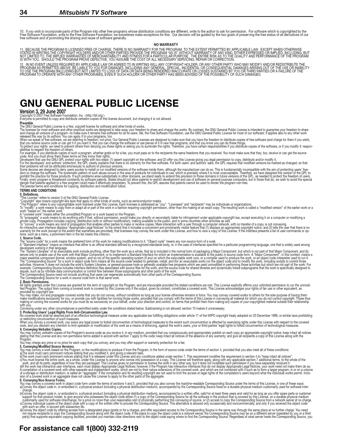 Mitsubishi Electronics WD-73C1, WD-73CA1, WD-73640 operating instructions 34Mitsubishi TV Software, Version3,29 June2007 