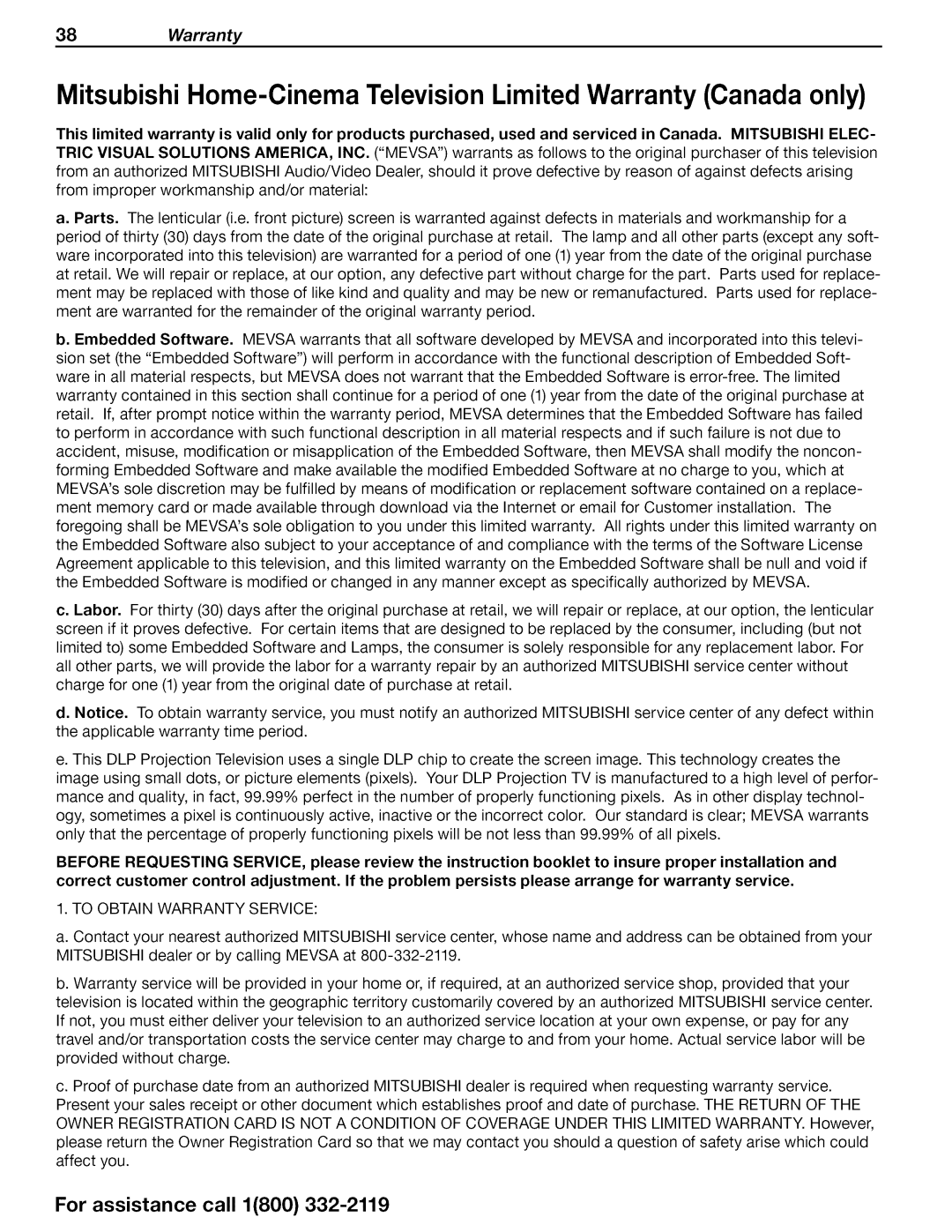 Mitsubishi Electronics WD-73640, WD-73CA1, WD-73C1 operating instructions 38Warranty 