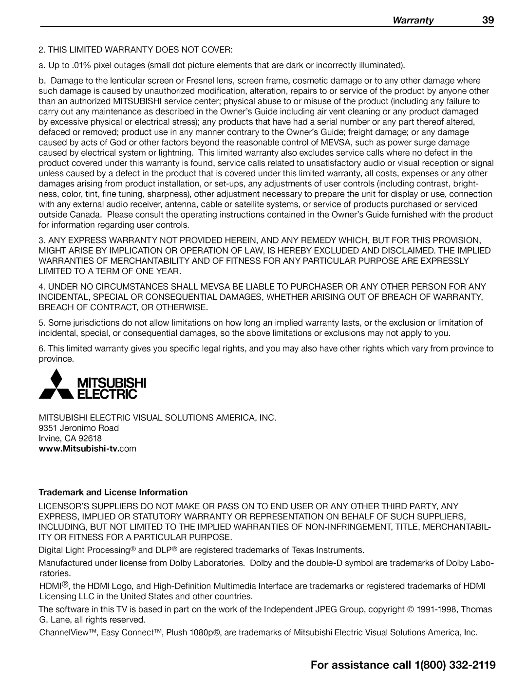 Mitsubishi Electronics WD-73CA1, WD-73C1, WD-73640 operating instructions Warranty39, Trademark and License Information 