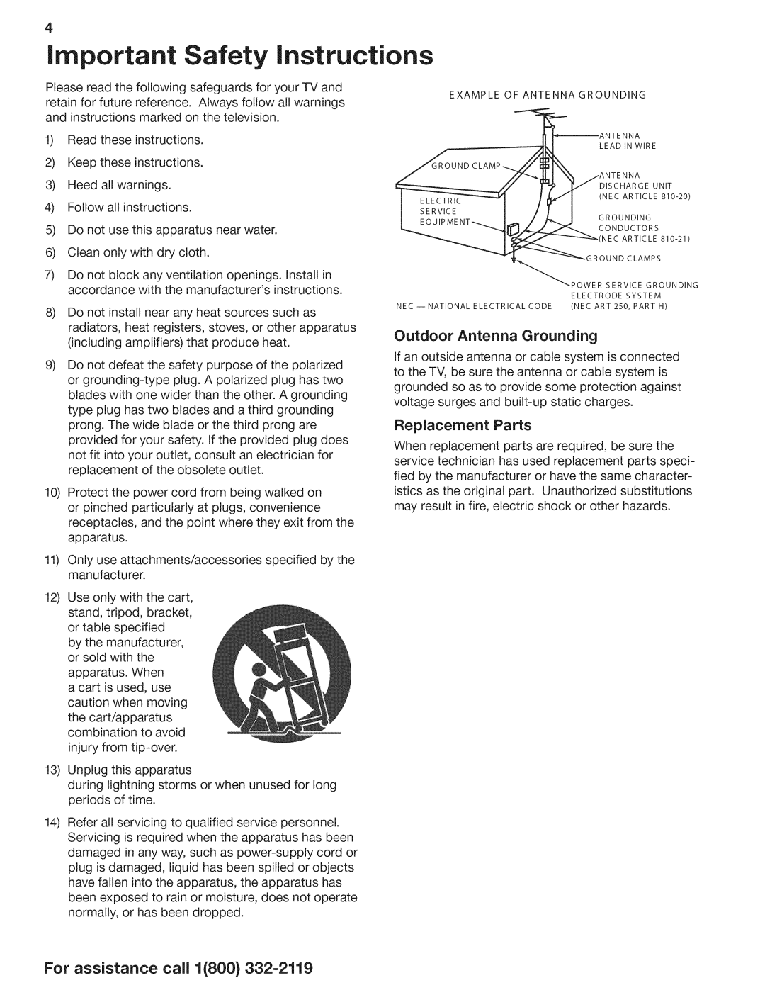 Mitsubishi Electronics WD-73C1, WD-73CA1, WD-73640 Outdoor Antenna Grounding, Replacement Parts, Read these instructions 