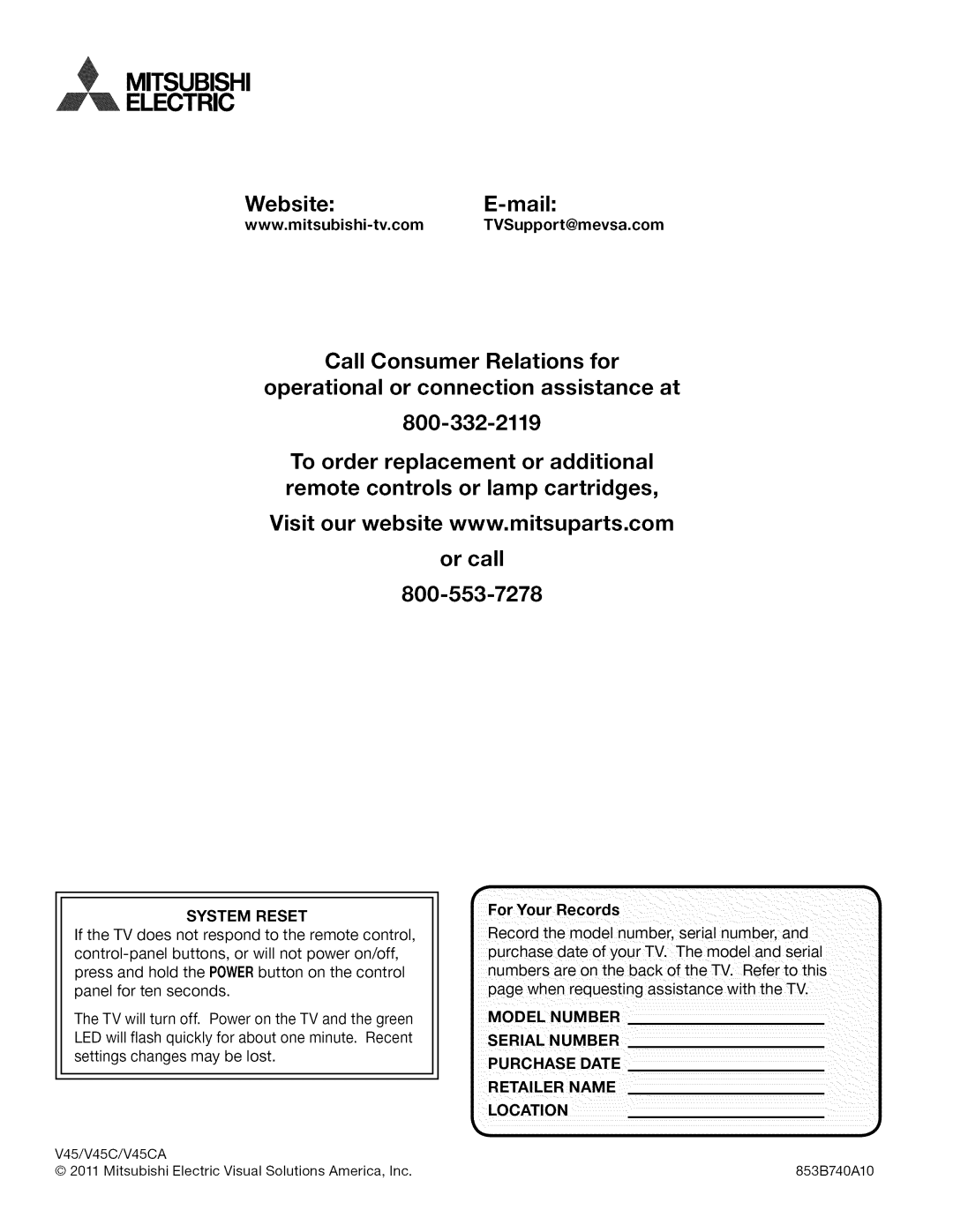 Mitsubishi Electronics WD-73C1, WD-73CA1, WD-73640 operating instructions System Reset, For Your Records 