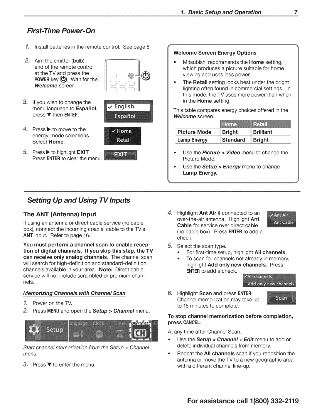 Mitsubishi Electronics WD-73C1, WD-73CA1 ANT Antenna Input, Welcome Screen Energy Options, Lamp Energy Standard Bright 