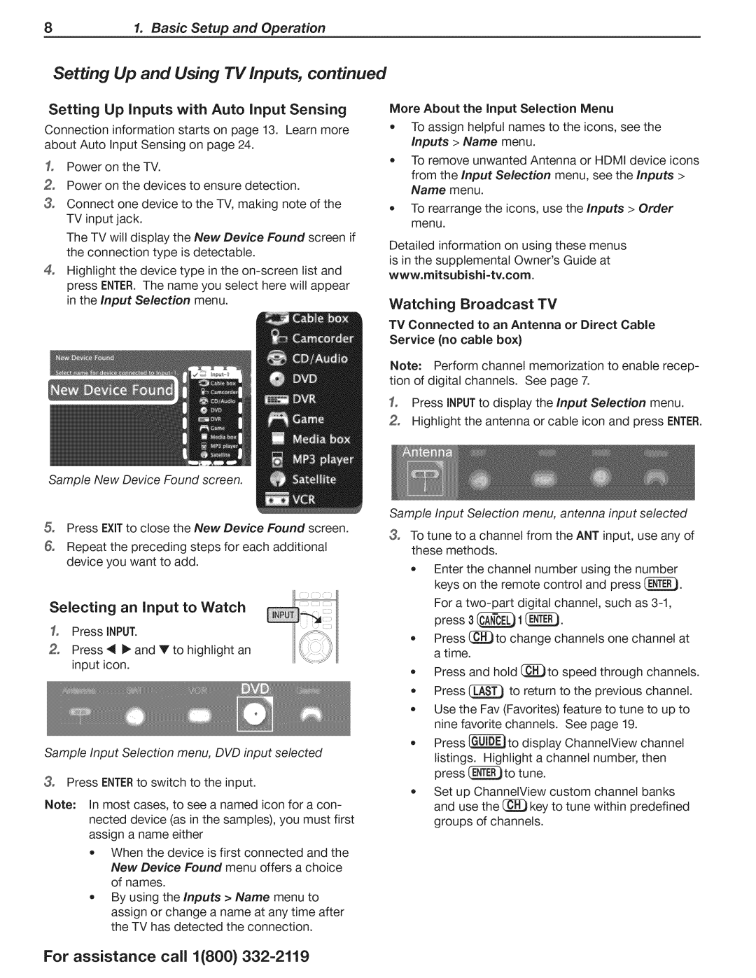 Mitsubishi Electronics WD-73640, WD-73CA1, WD-73C1 Setting Up Inputs with Auto Input Sensing, Watching Broadcast TV 