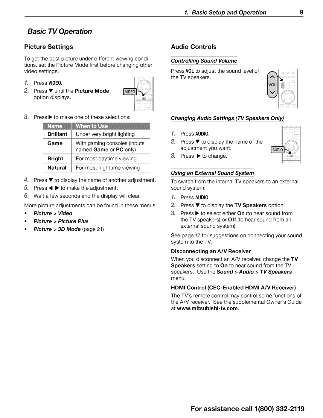 Mitsubishi Electronics WD-73CA1 Picture Settings, Audio Controls, Controlling Sound Volume, Using an External Sound System 