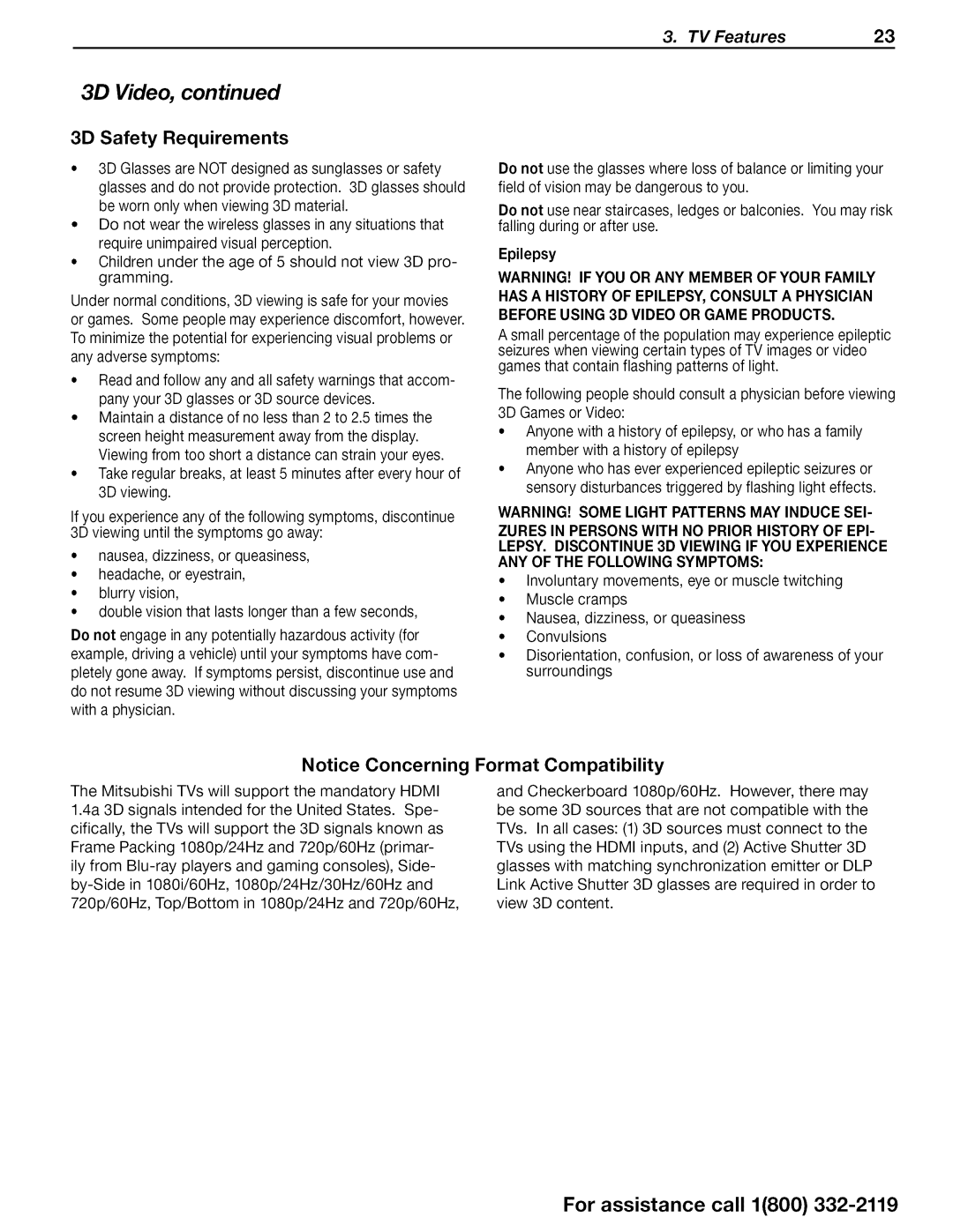 Mitsubishi Electronics WD-73640, WD-73CA1 3D Safety Requirements, Notice Concerning, Format Compatibility, Epilepsy 
