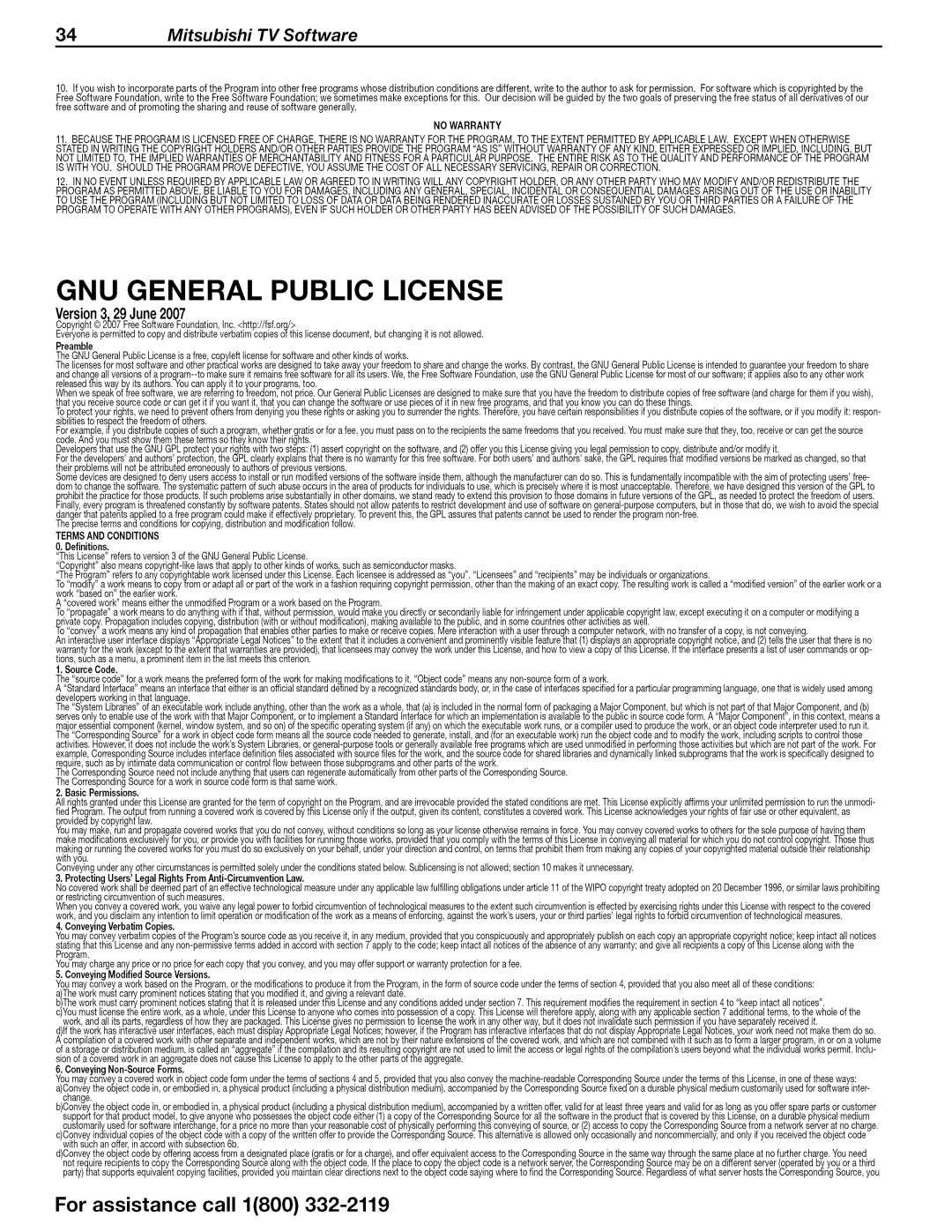 Mitsubishi Electronics WD-73C1 Gnu General Public License, Version3,29 June2007, For assistance call 1800, O,Definitions 