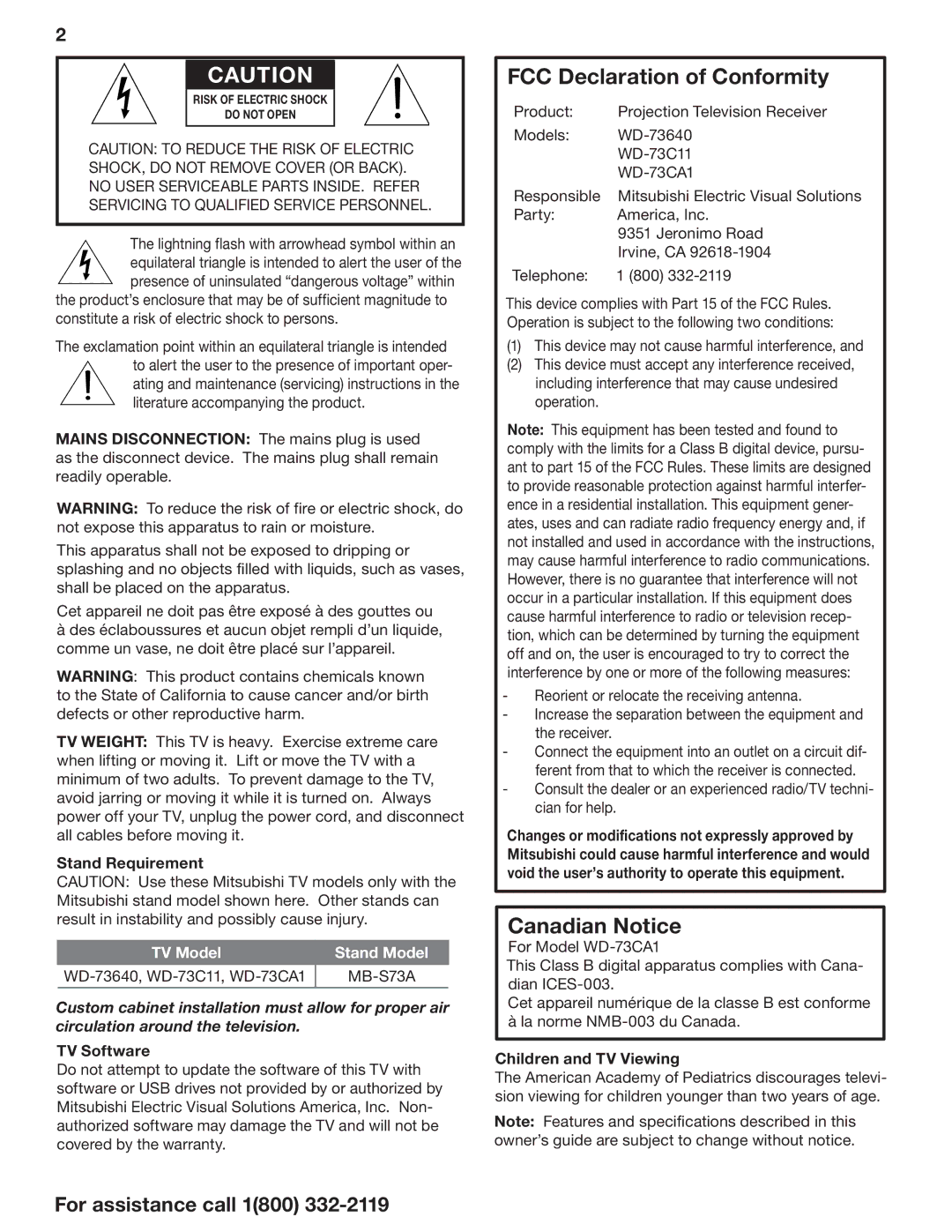 Mitsubishi Electronics WD-73CA1, WD-73C11 manual Stand Requirement, TV Software, Children and TV Viewing 