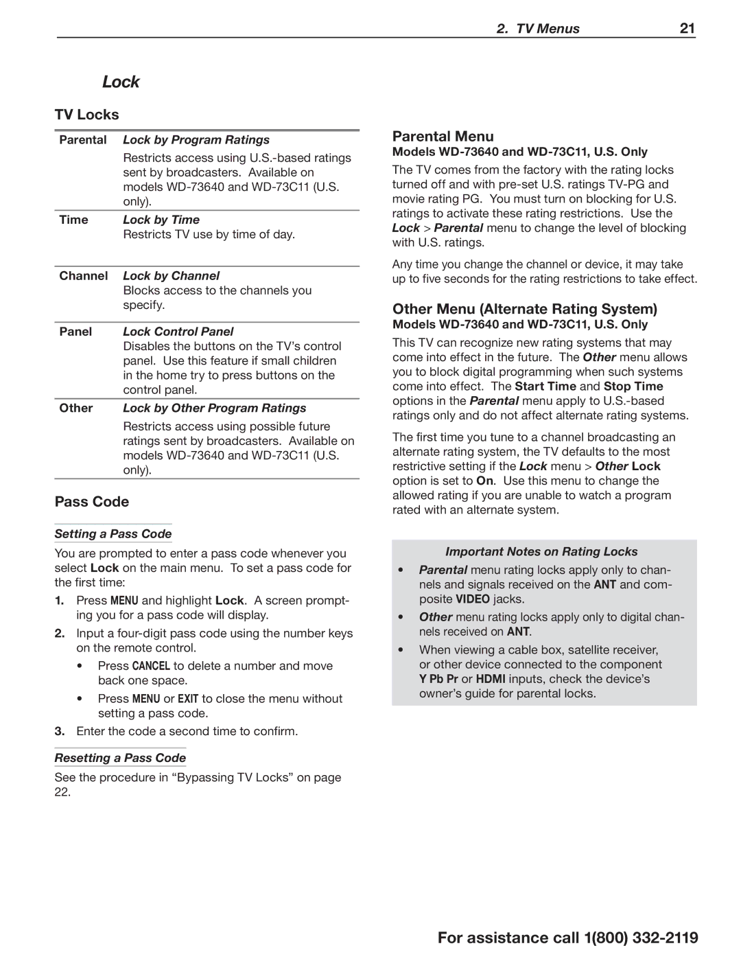 Mitsubishi Electronics WD-73C11, WD-73CA1 manual TV Locks, Pass Code, Parental Menu, Other Menu Alternate Rating System 