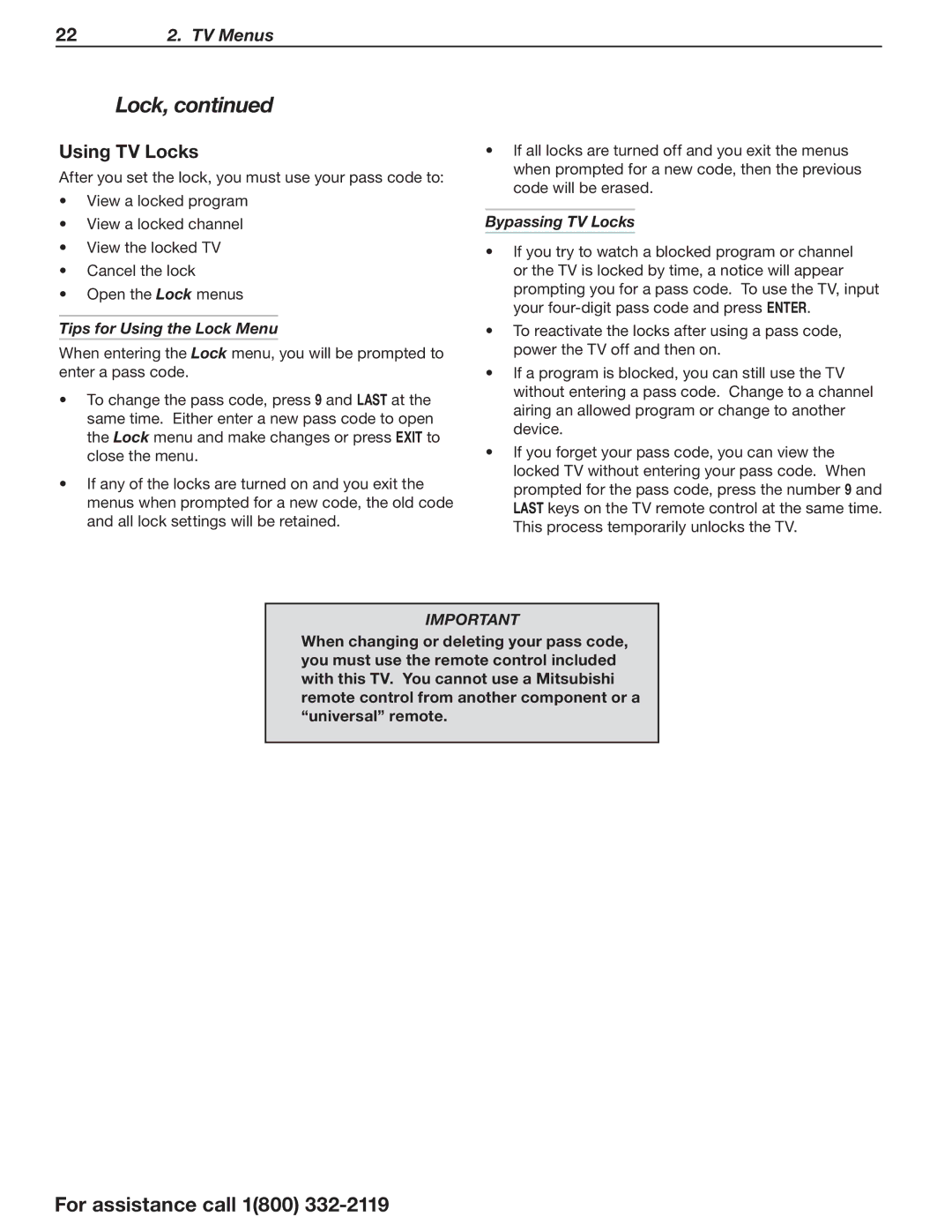 Mitsubishi Electronics WD-73CA1, WD-73C11 manual Using TV Locks, Tips for Using the Lock Menu, Bypassing TV Locks 