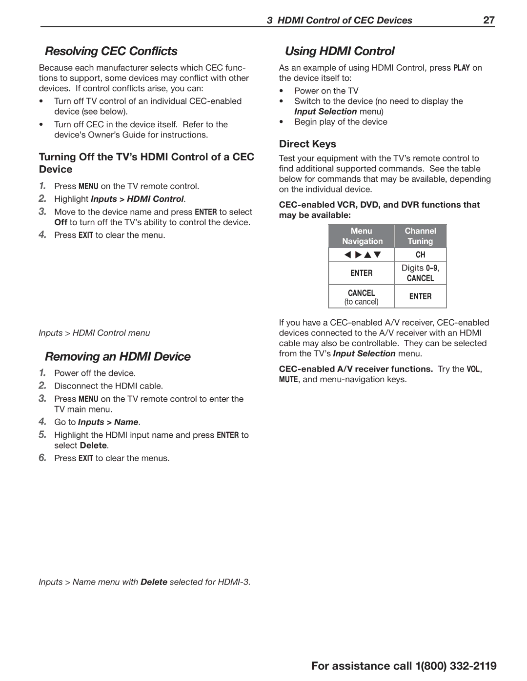 Mitsubishi Electronics WD-73C11 manual Resolving CEC Conflicts, Removing an Hdmi Device, Using Hdmi Control, Direct Keys 