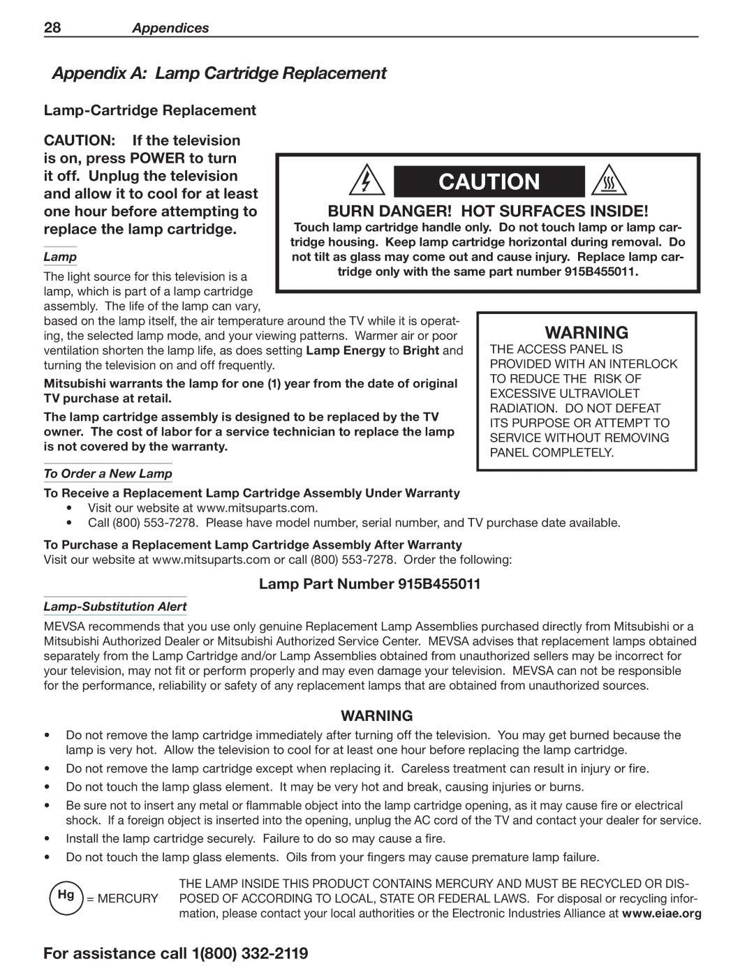 Mitsubishi Electronics WD-73CA1, WD-73C11 manual Appendix a Lamp Cartridge Replacement, Lamp-Cartridge Replacement 