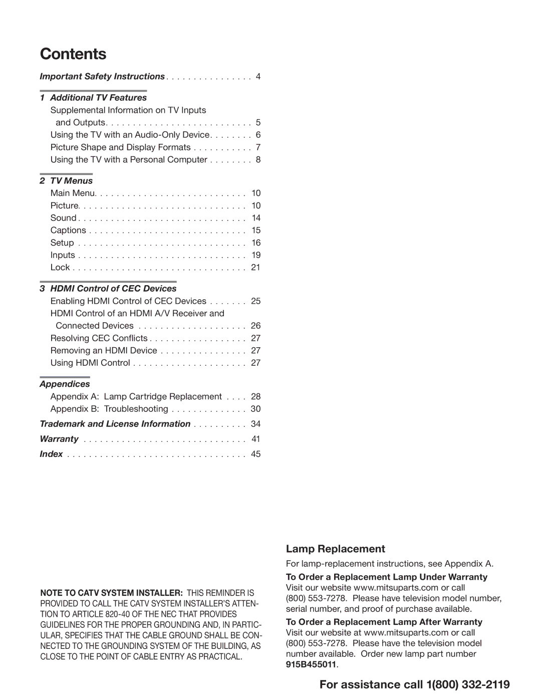 Mitsubishi Electronics WD-73C11, WD-73CA1 manual Contents 