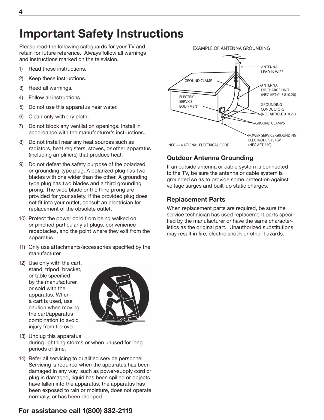 Mitsubishi Electronics WD-73CA1, WD-73C11 manual Outdoor Antenna Grounding, Replacement Parts 