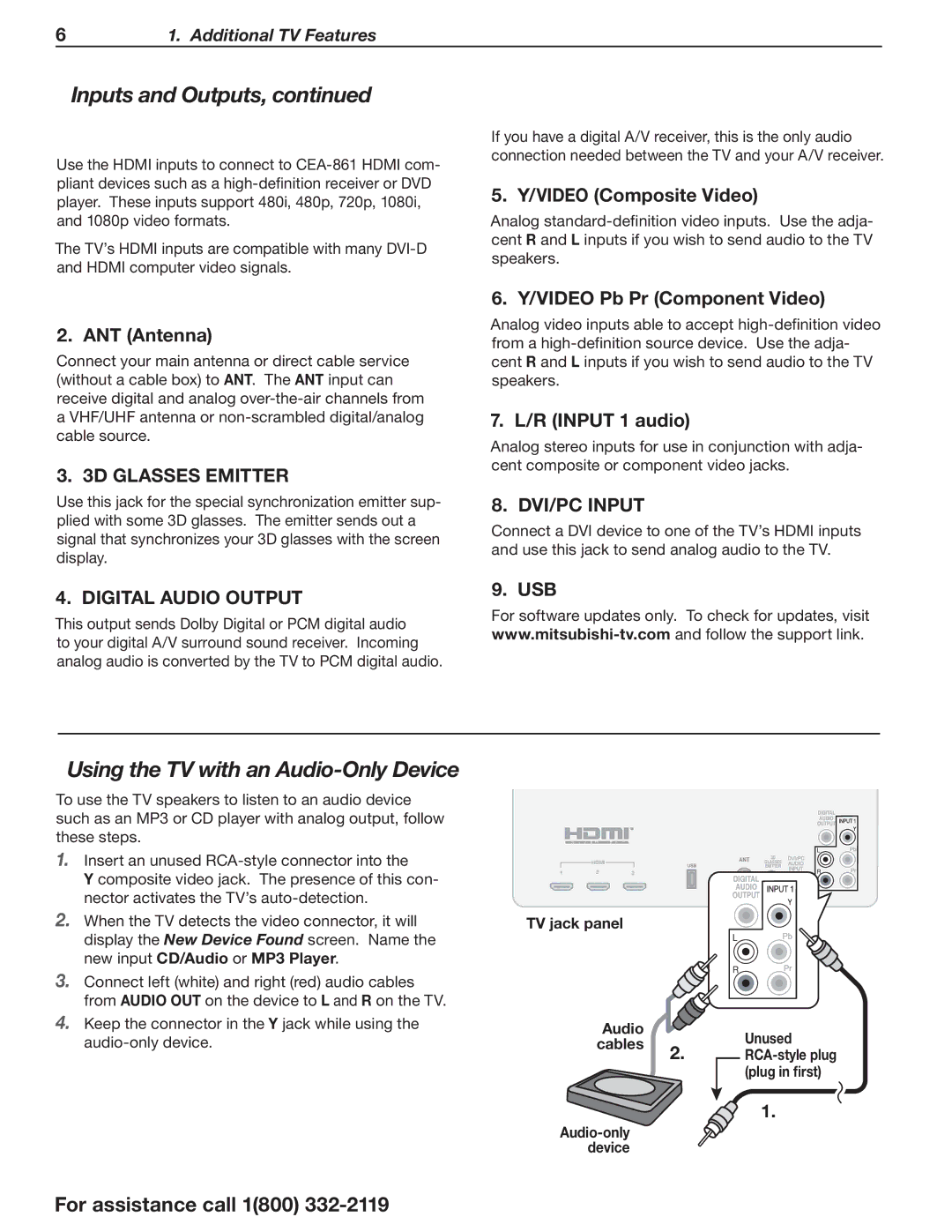 Mitsubishi Electronics WD-73CA1, WD-73C11 manual Inputs and Outputs, Using the TV with an Audio-Only Device 