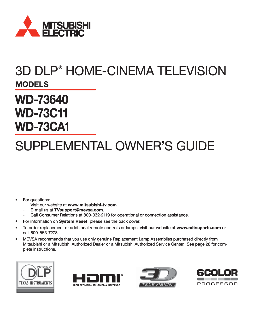 Mitsubishi Electronics manual Models, 3D DLP HOME-CINEMATELEVISION, WD-73640 WD-73C11 WD-73CA1 