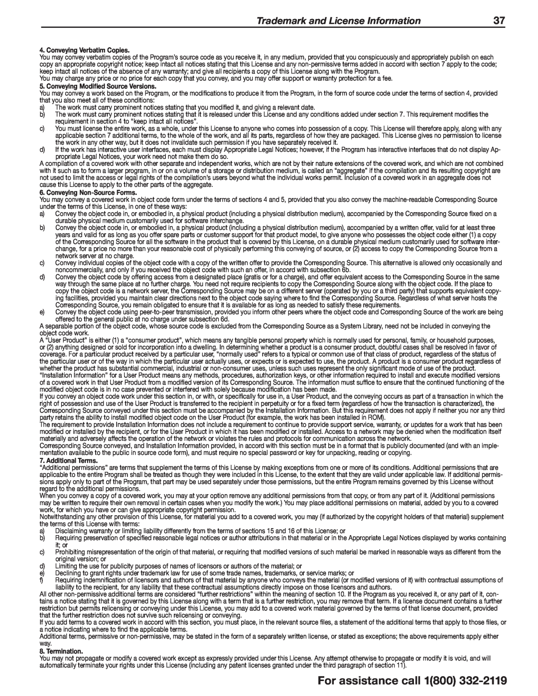 Mitsubishi Electronics WD-73C11 manual For assistance call, Trademark and License Information, Conveying Verbatim Copies 